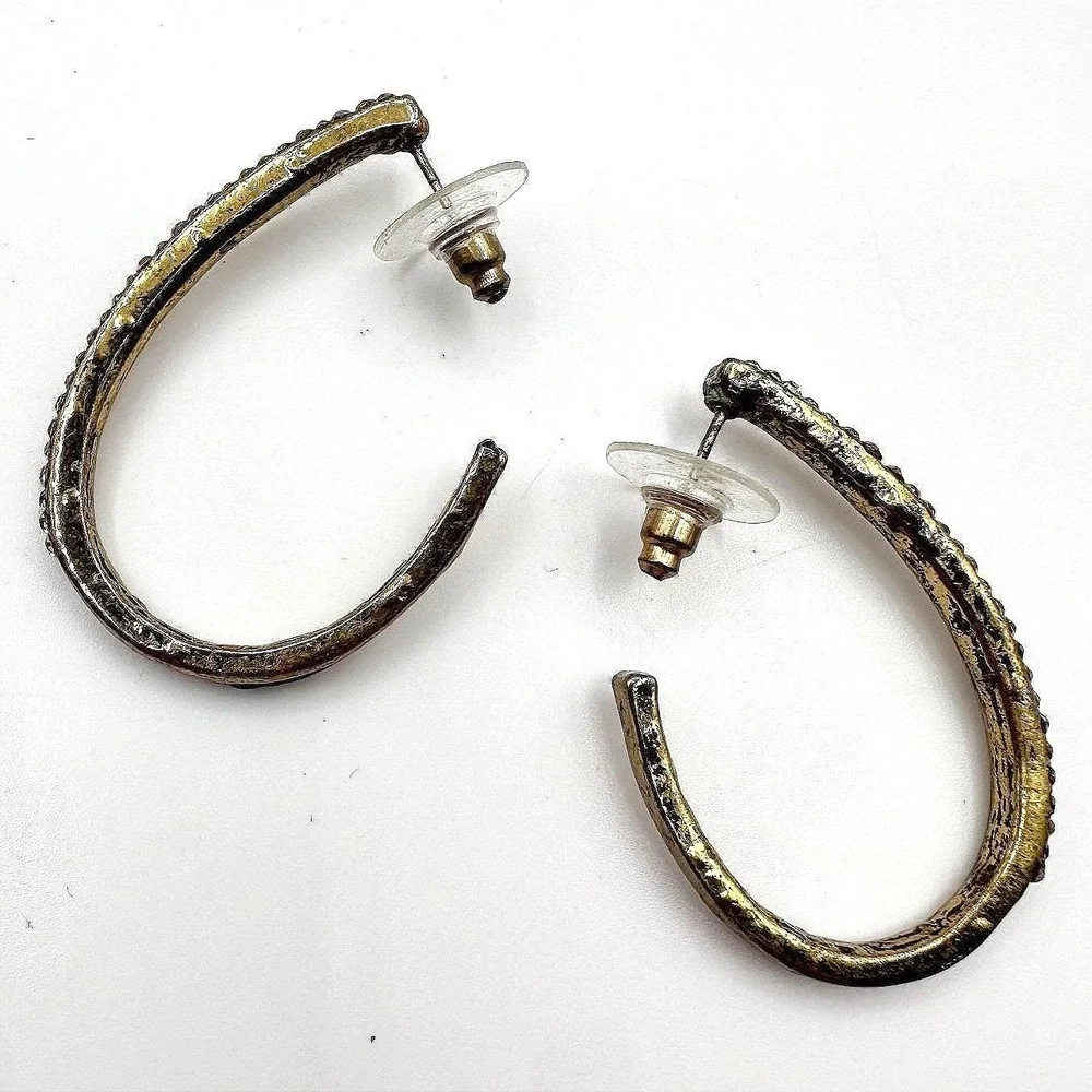 Vintage 90s Gold Tone Oval Hoop Earrings Champagne Glass Accents Style‎ Fashion